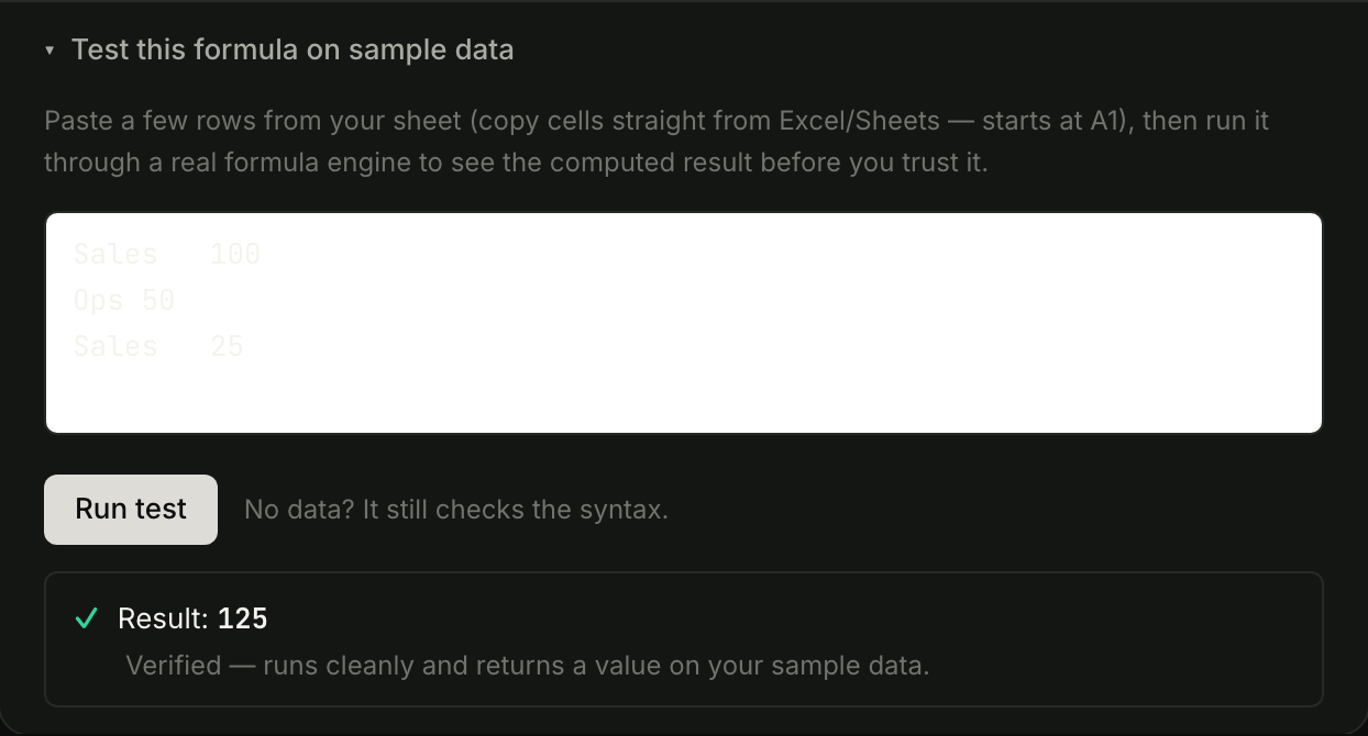 Verified execution panel computing Result: 125 on pasted sample data